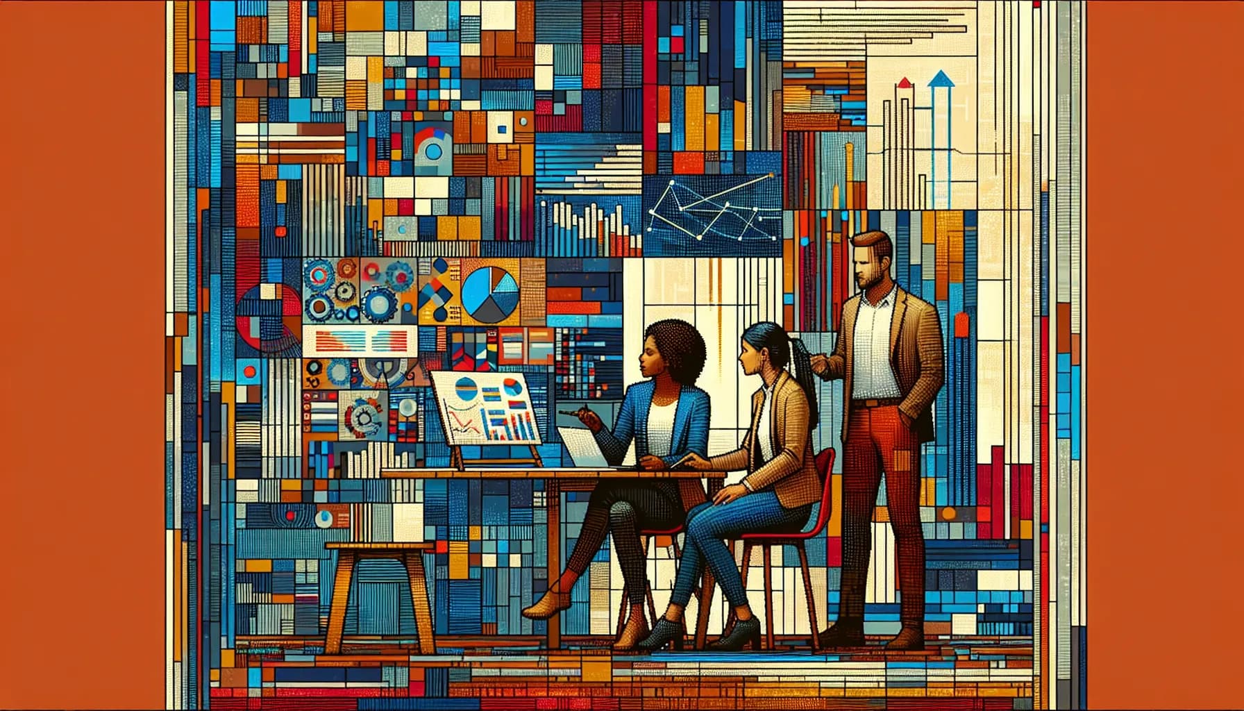 A team of three works in a vibrant, high-tech urban loft, surrounded by an abstract cityscape