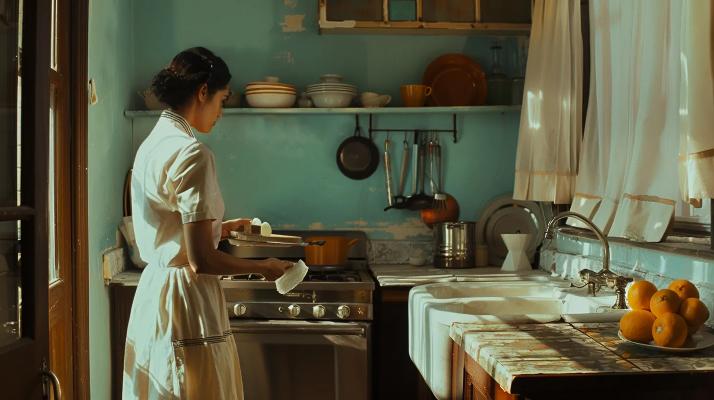 Woman in vintage kitchen preparing food by the stove with rustic blue walls and open shelves.