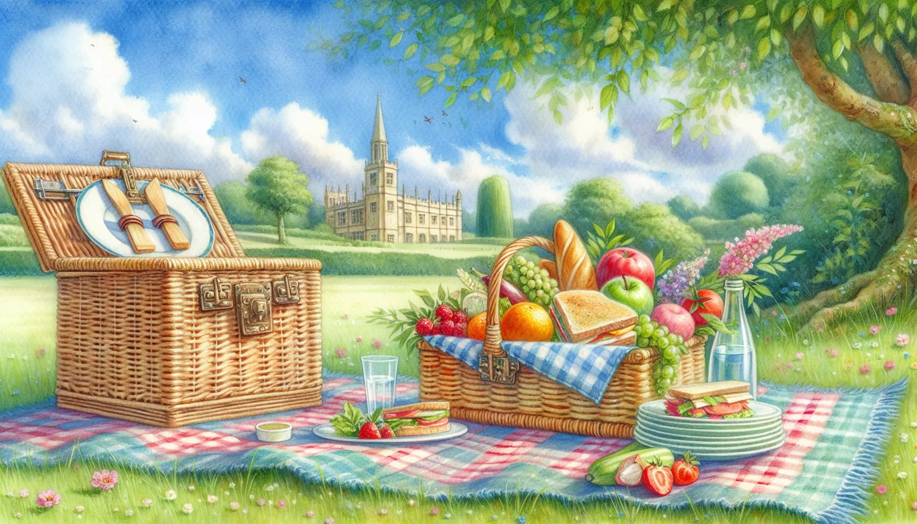 A serene picnic setup under the shade of a tree overlooking a charming countryside church, complete with a basket filled with treats and a cool drink waiting to be enjoyed.