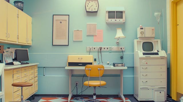 A vintage-style medical office with equipment, desk, chair, and cabinets.