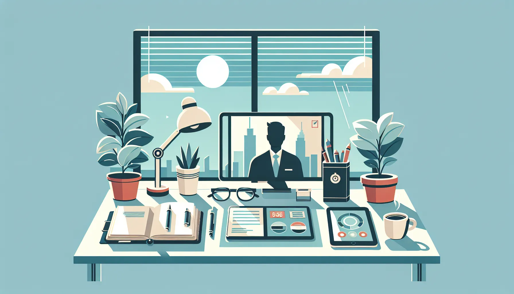 A serene workspace setup with a person focused on their laptop, surrounded by lush plants and an inviting city view through large windows