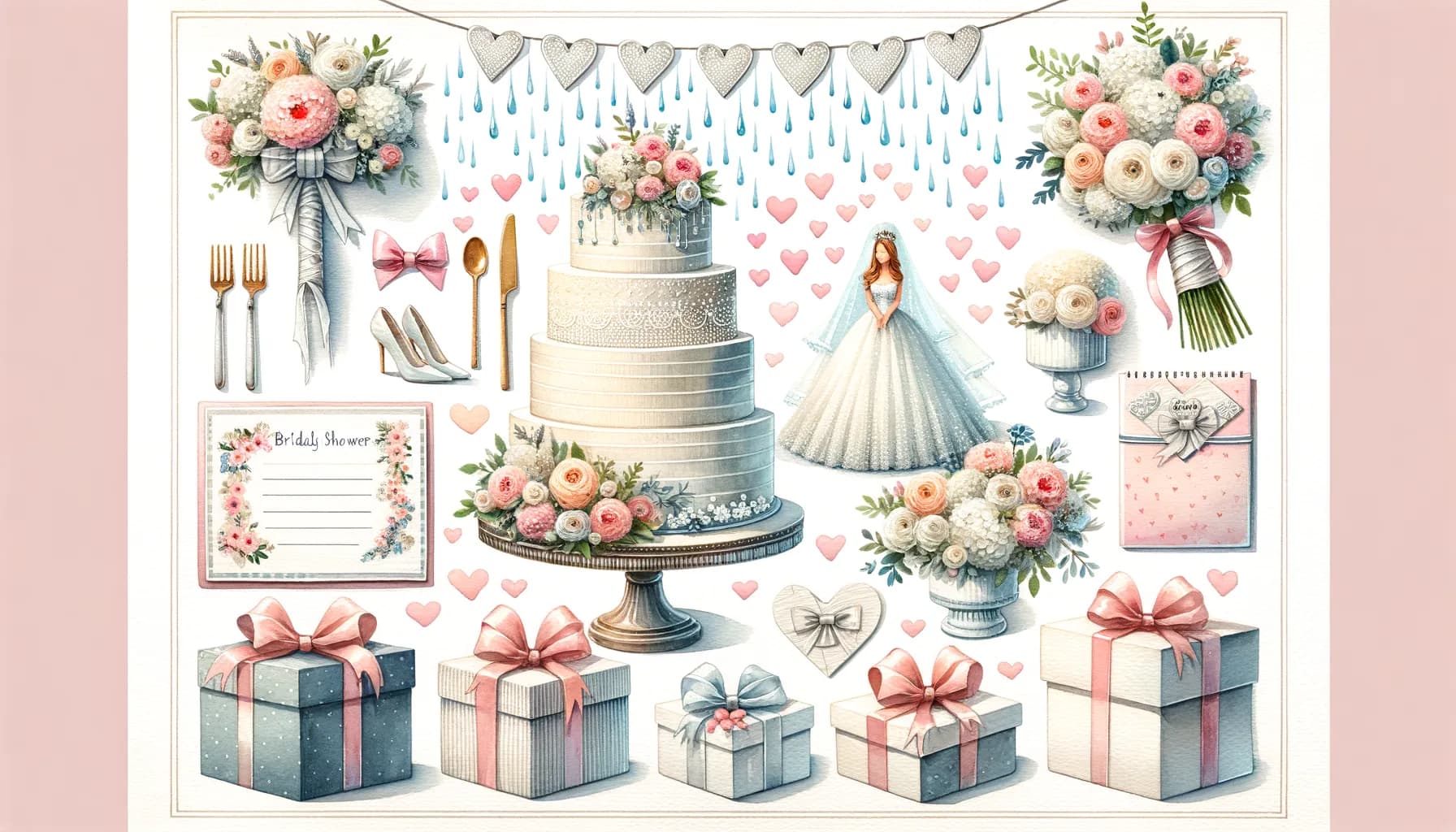 Bridal bliss captured in a romantic pastel-themed wedding setup with elegant cake, charming decorations, and thoughtful gifts
