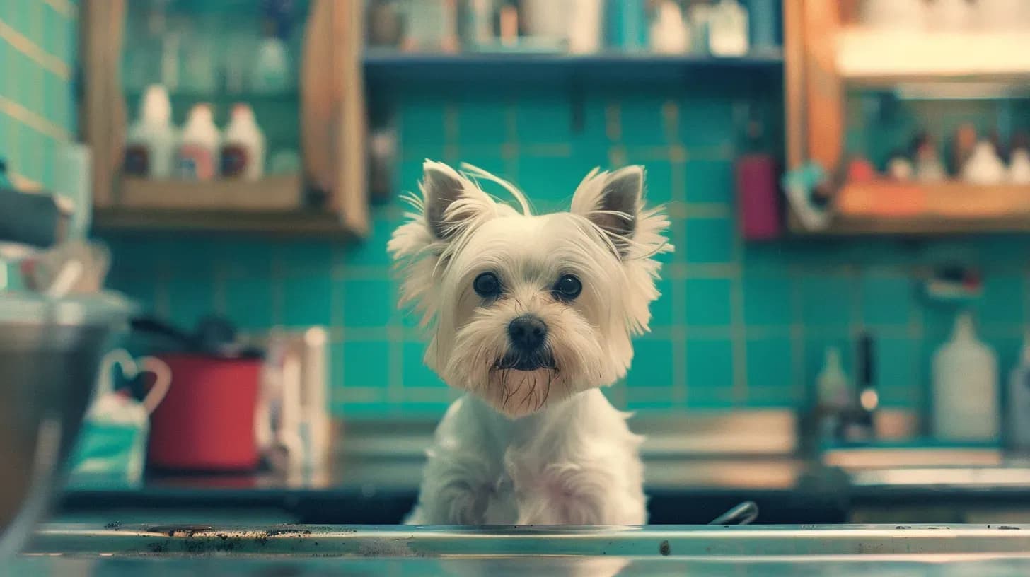 A dog sits in a vintage bathtub in a cozy, sunlit bathroom with colorful decor.