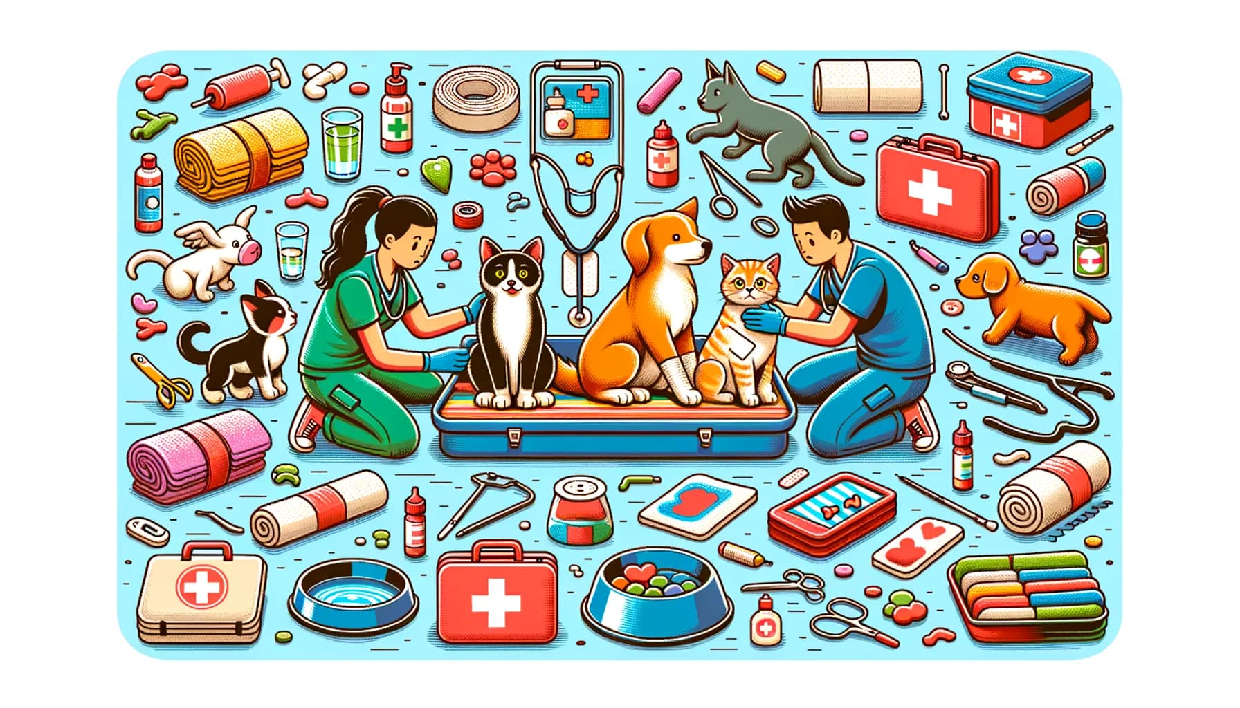 A bustling veterinary clinic with an attentive vet caring for pets surrounded by an array of medical tools and supplies