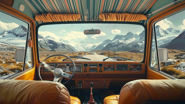 Interior of a vintage van with a seaside view through the windshield.