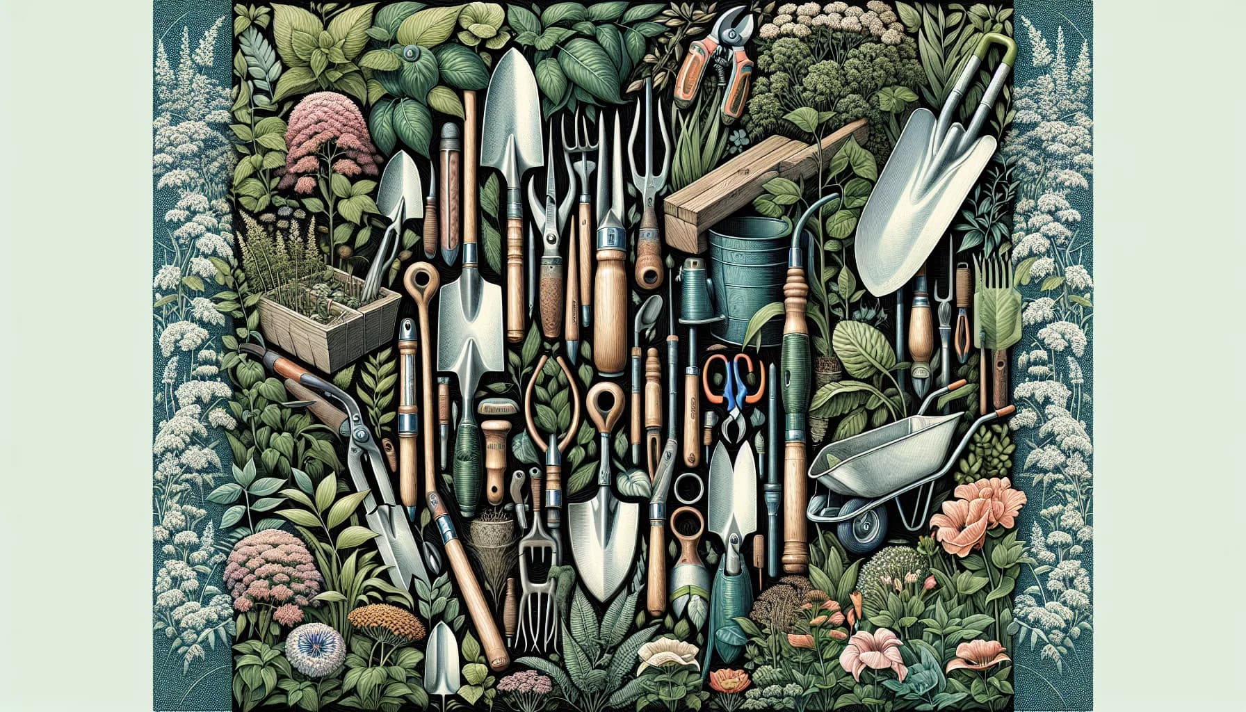 A verdant tapestry of garden tools woven into the fabric of nature