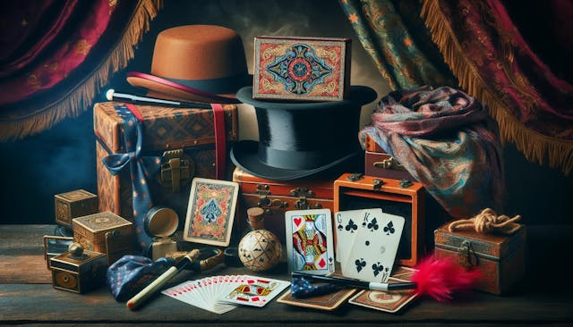 A magician's table strewn with the tools of the trade, from top hats and tarot cards to ancient trinkets and hidden tricks.