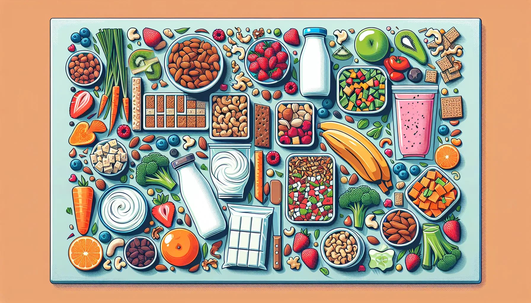 A vibrant array of healthy foods including fruits, vegetables, nuts, and grains meticulously arranged on a light blue background