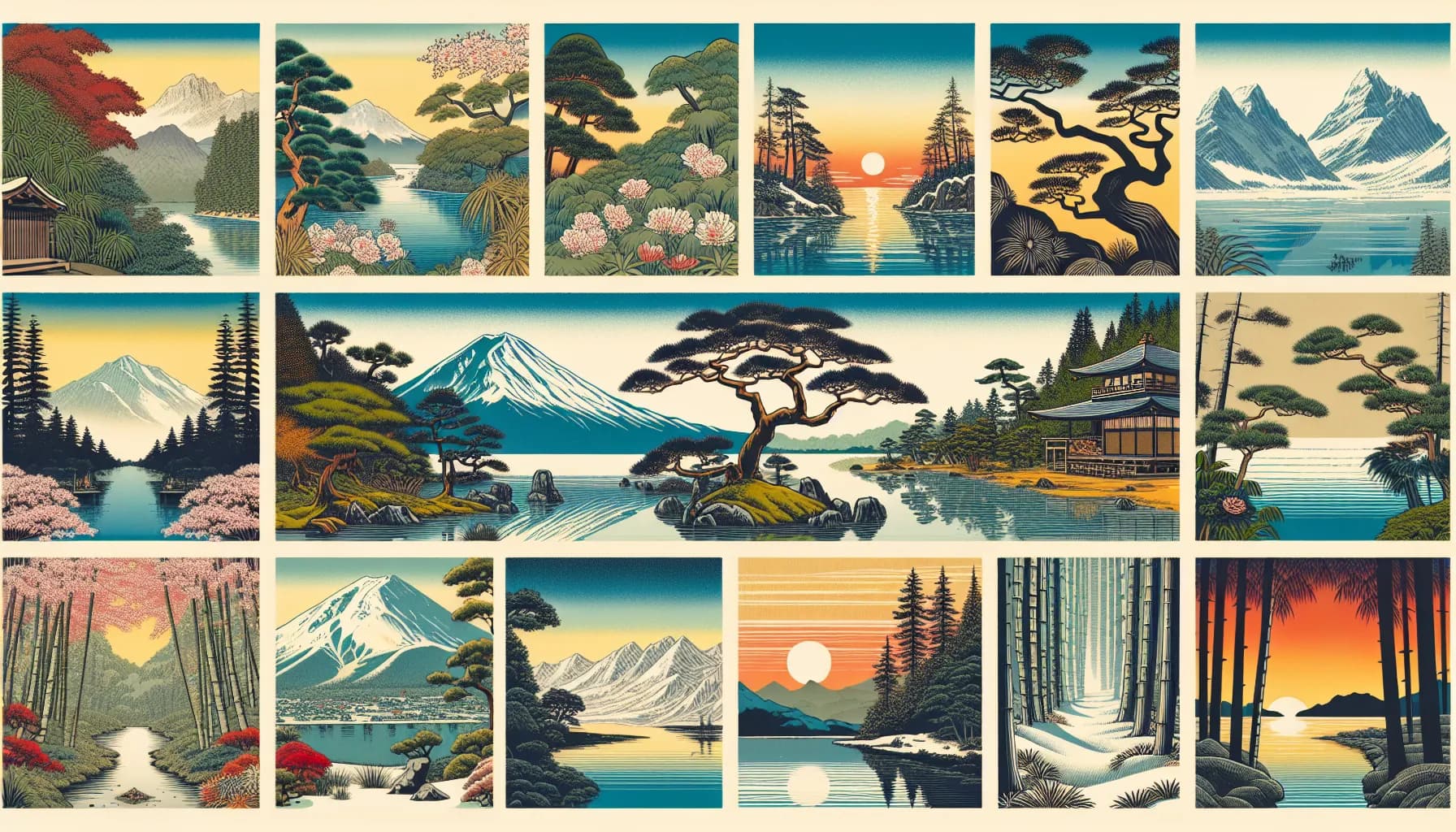 A collection of traditional Japanese woodblock prints depicting diverse landscapes across the seasons with mountains, trees, and water scenes.