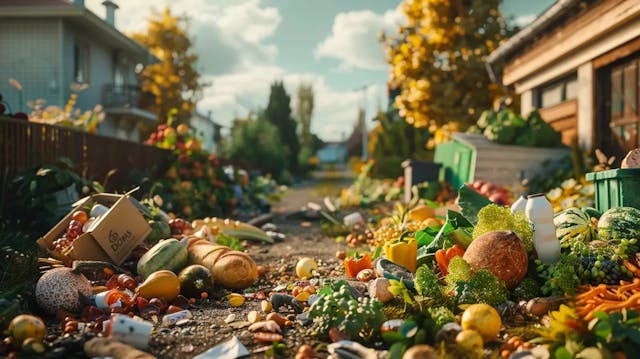 Colorful fruits and flowers are bursting out of dumpsters under a bright blue sky.