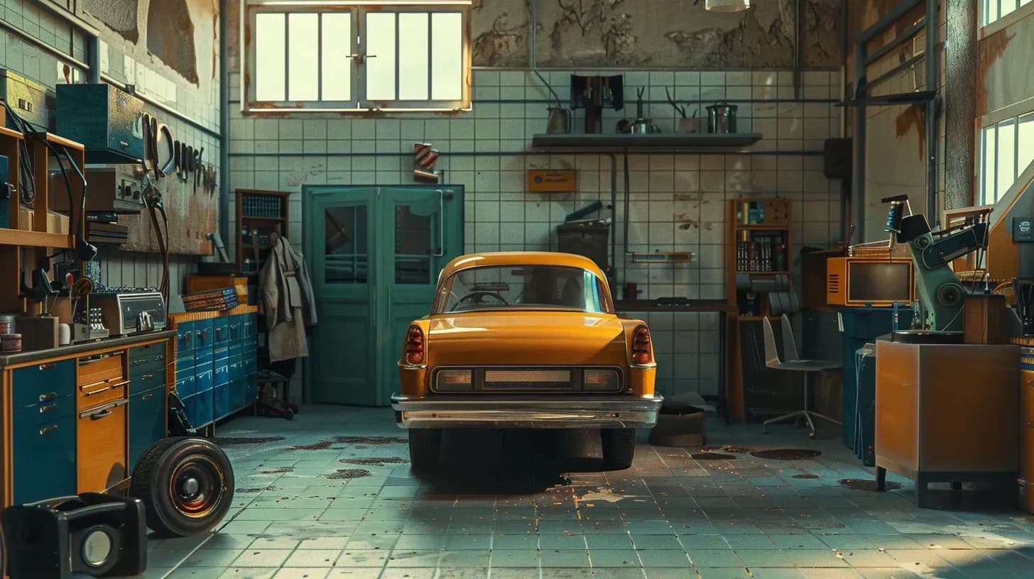 An orange vintage car in a well-equipped garage with various tools and equipment.