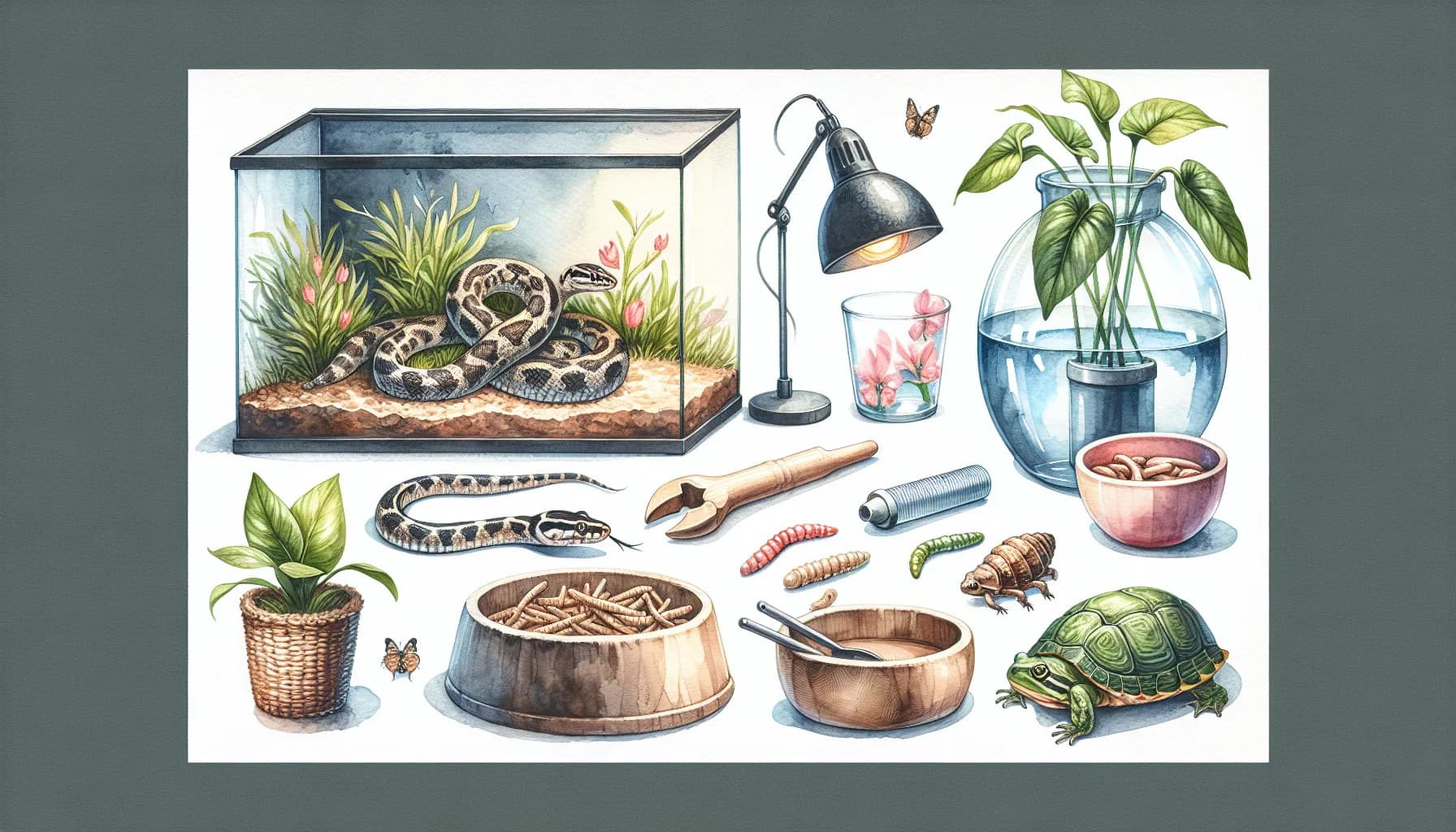 A serene collection of reptile care essentials, featuring a well-equipped terrarium, basking lamp, and various naturalistic habitat enhancements.