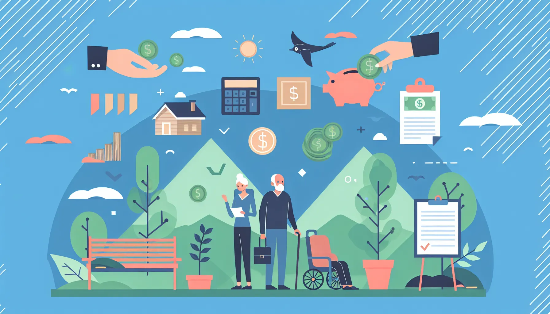 Two elderly people using technology for various personal and financial activities in a park surrounded by symbolic illustrations of connectivity and daily tasks