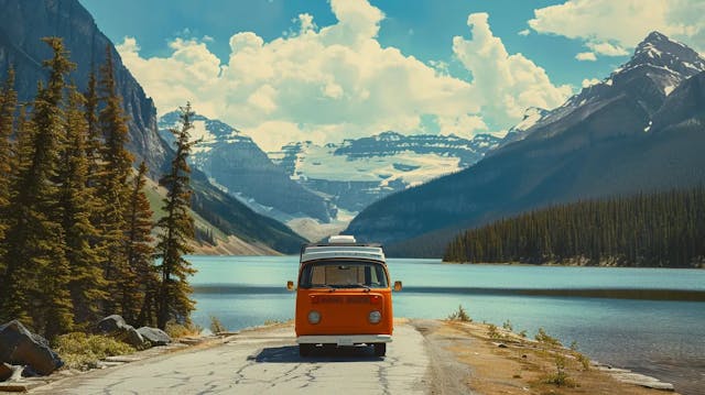 A vintage orange van parked on a road beside a picturesque mountain lake.