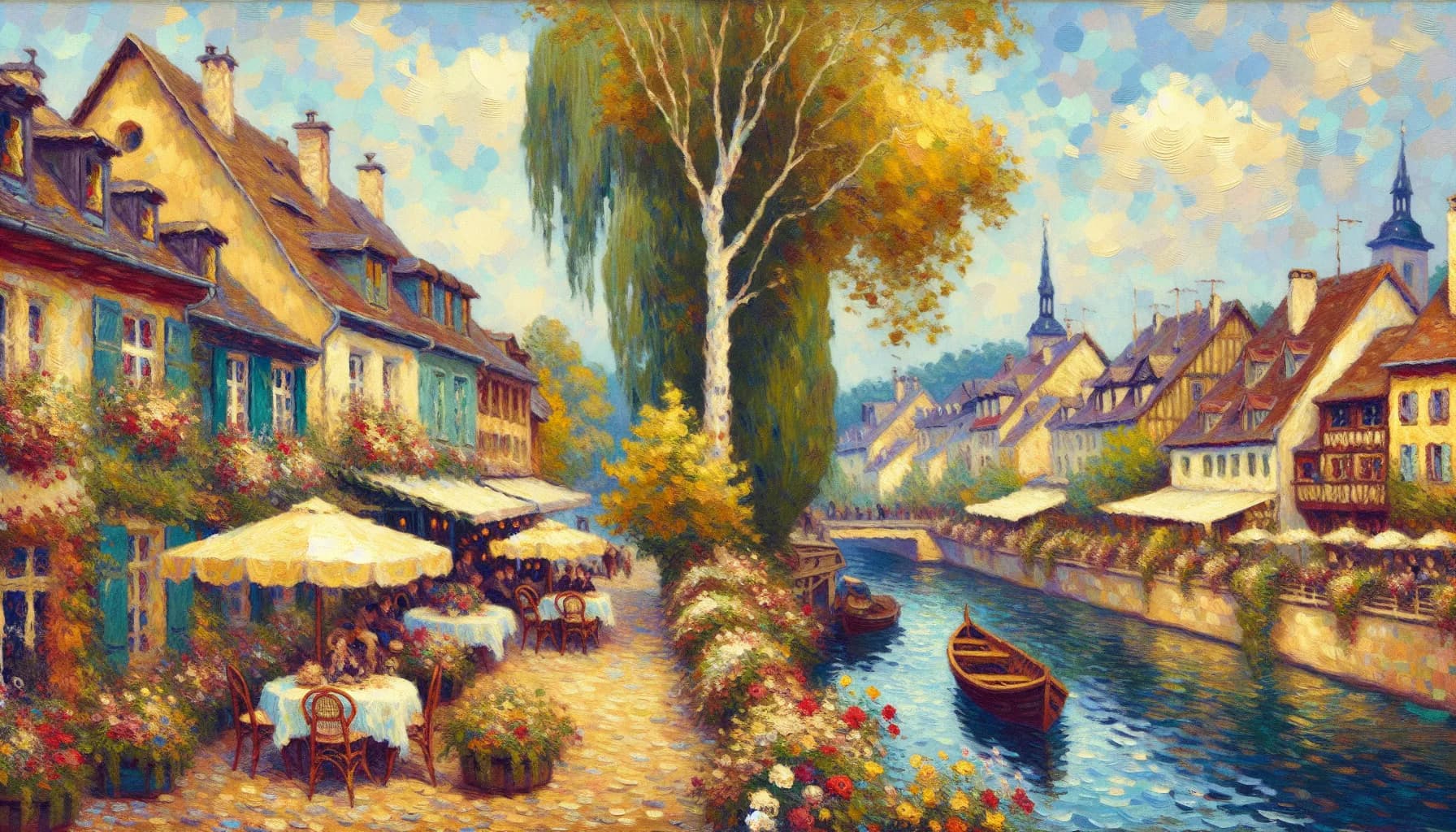 A quaint village street bustling with charm, where colorful flowers bloom along a serene canal, and historical houses bask in the glow of an afternoon sun.