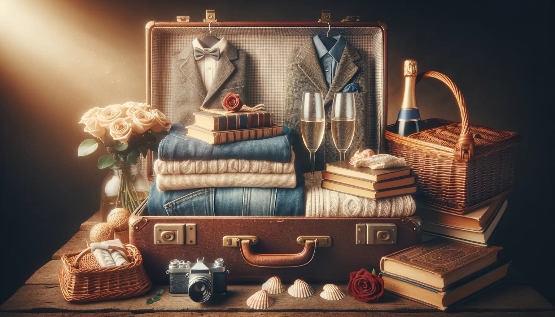 An open suitcase packed with cozy winter clothes, old books, and a basket of wine and bread, suggesting an adventurous yet serene getaway.