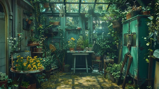 A lush greenhouse filled with a variety of plants, pots, gardening tools, and dappled sunlight.