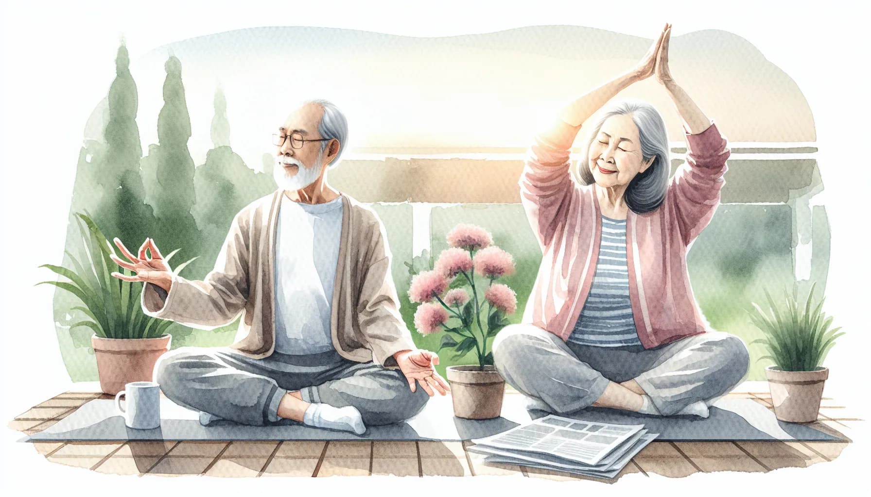 Elderly couple enjoys a peaceful morning of yoga and meditation on their porch surrounded by plants