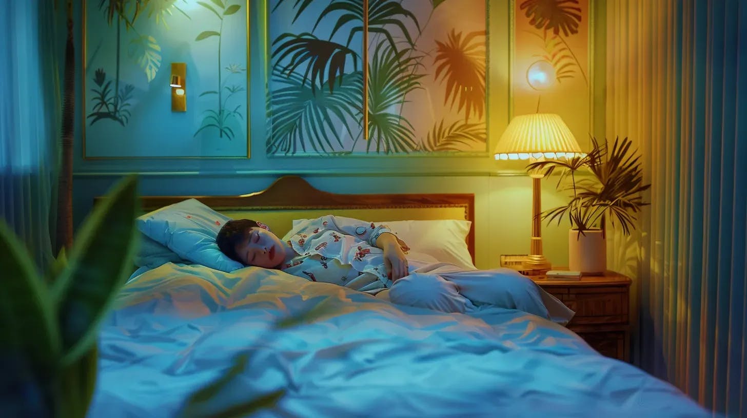 A person sleeps in a bed with tropical wallpaper, warm lighting, and houseplants around.