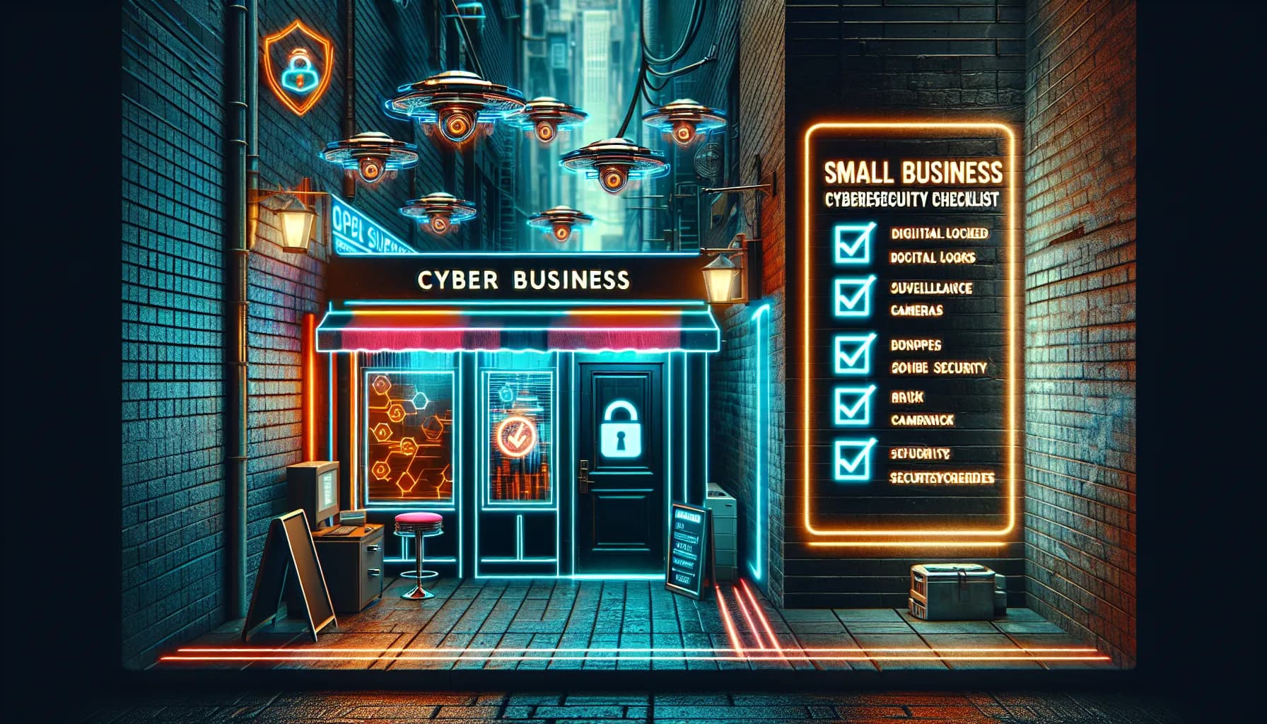 A glowing neon alleyway promotes cyber business amidst an urban night, infusing tech vibes into the timeless craft of tailoring