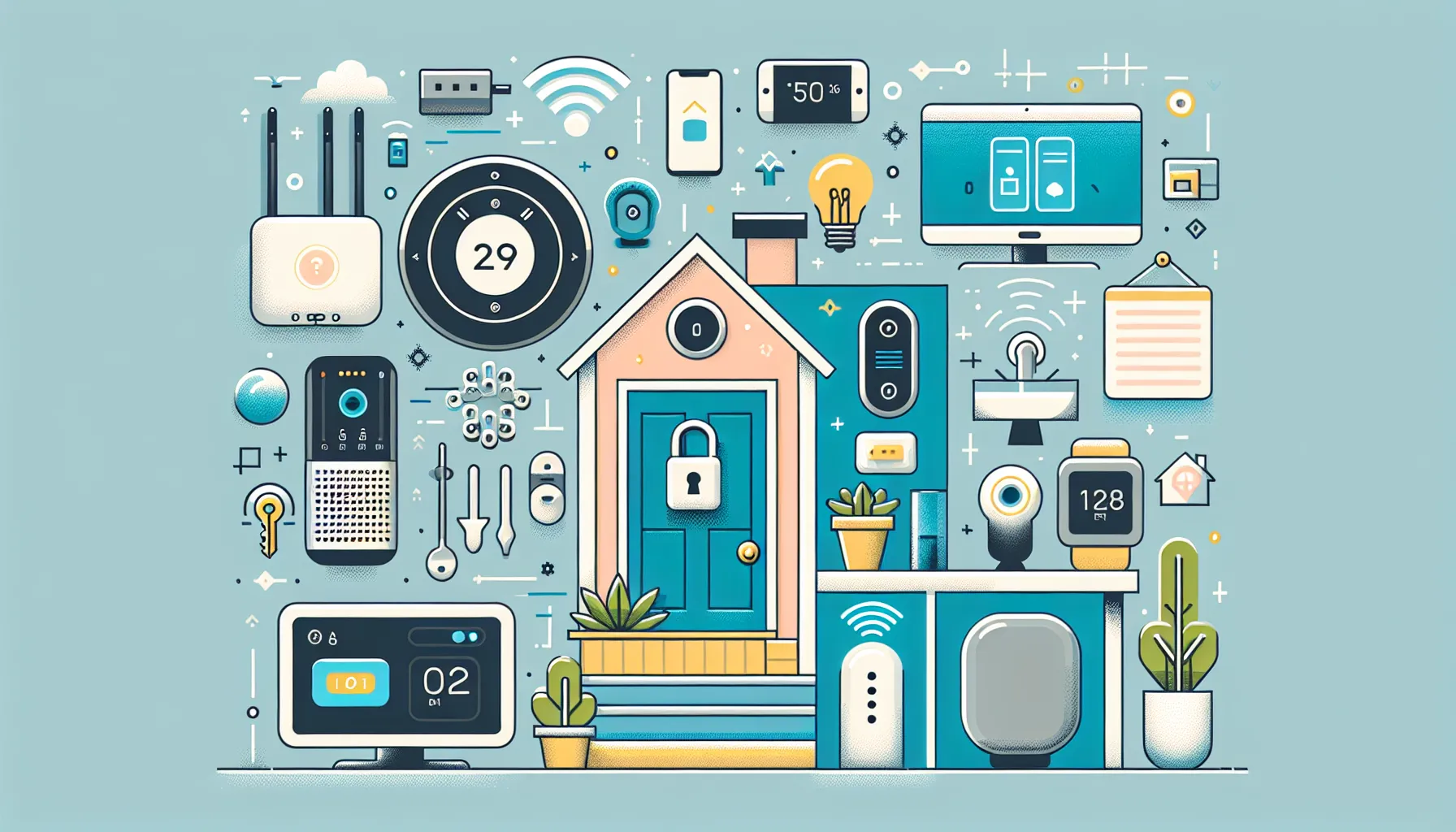 A smart home ecosystem illustrated with interconnected devices for security, comfort, and convenience