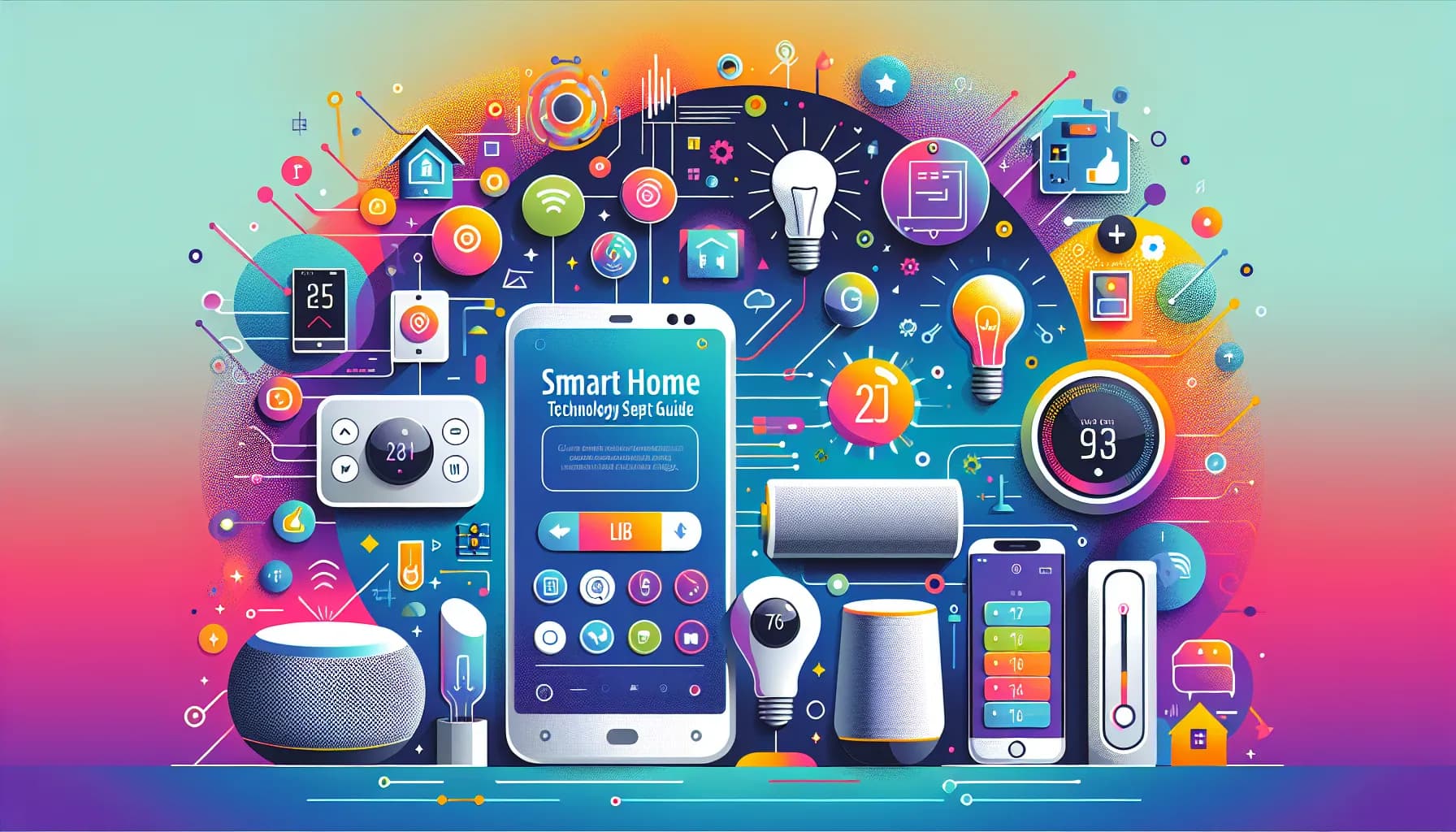 Colorful illustration of a connected smart home ecosystem with various IoT devices and mobile control apps