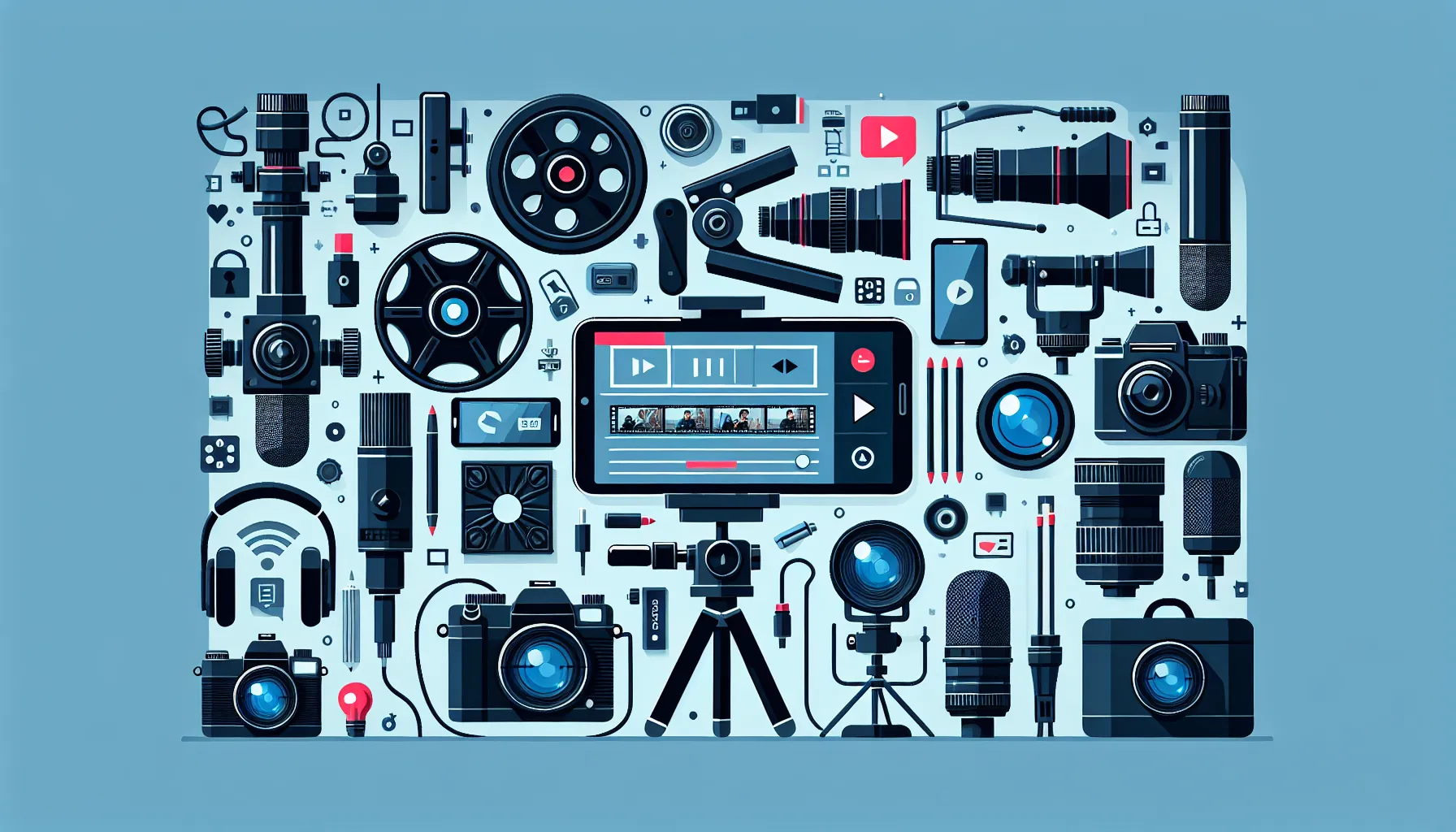 A collage of vintage photography and video equipment arranged in a neat, symmetrical layout on a blue background