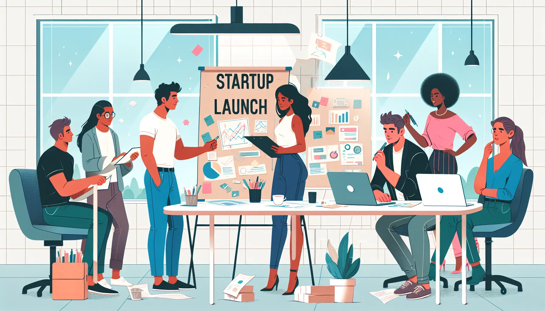 A diverse team engaged in a vibrant startup launch meeting in a modern office setting