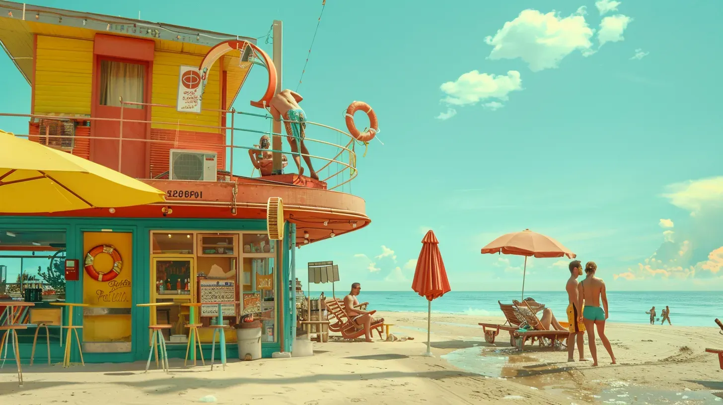 Nature scene with people relaxing in and around a flooded area with a submerged car and furniture.