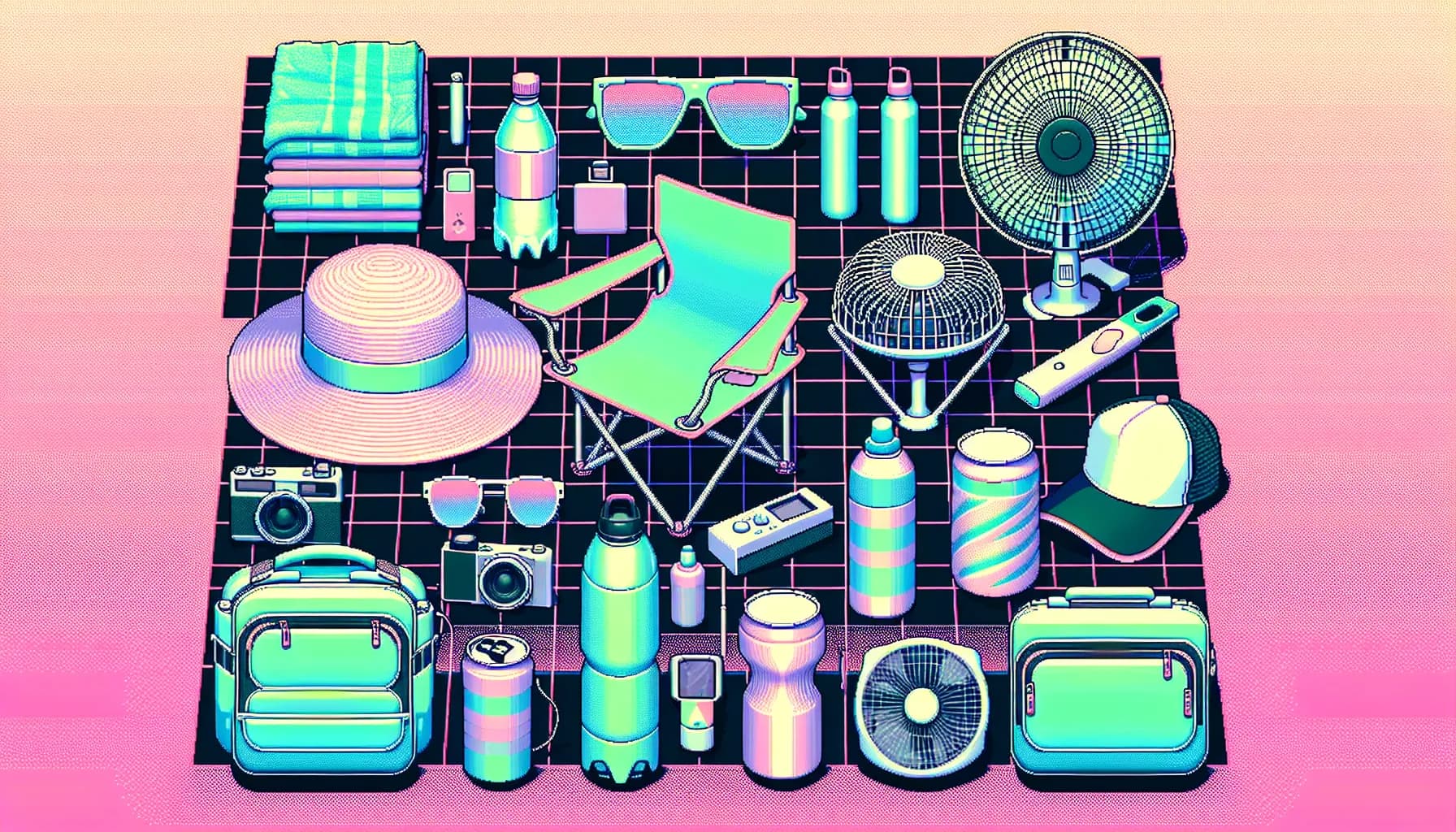 A vibrant collection of summer essentials neatly arranged in a grid against a gradient pink and blue background