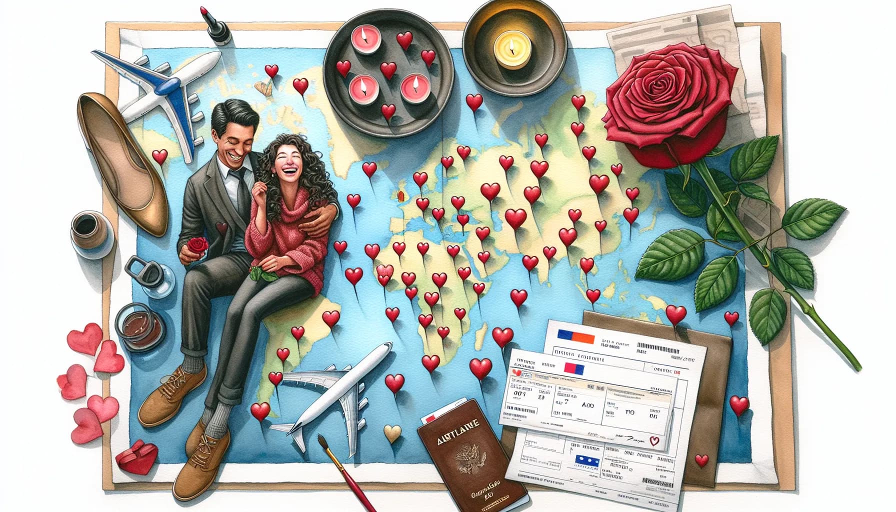 Travel plans and romantic dates come together on a couple’s creative mood board filled with love letters, a passport, and reminders of cherished moments.