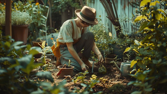 Man in straw hat gardening, planting in lush backyard garden.
