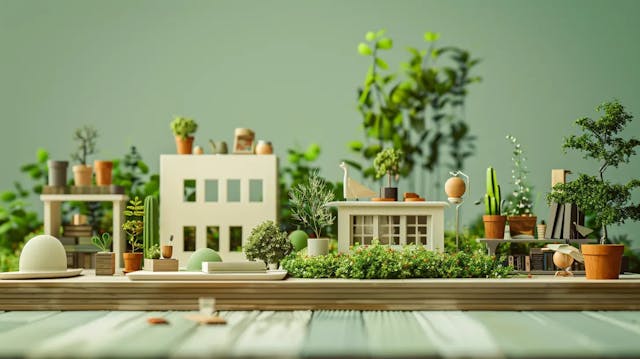 A stylized miniature garden scene with plant pots, shelves, and tiny buildings.