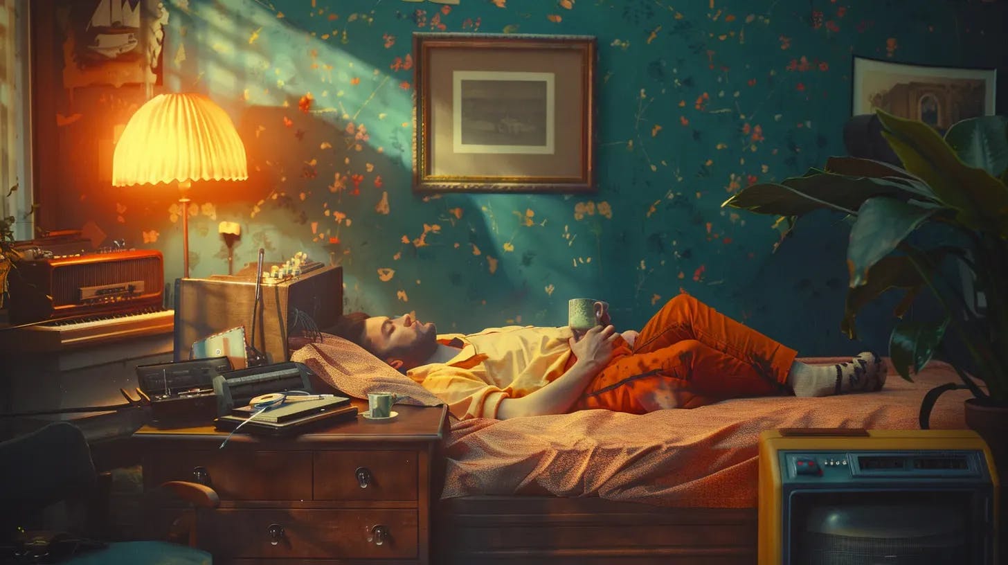 Person lying on a bed using a smartphone, vintage room decor, with floating orange leaves.
