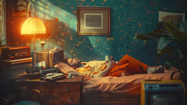 Person lying on a bed using a smartphone, vintage room decor, with floating orange leaves.