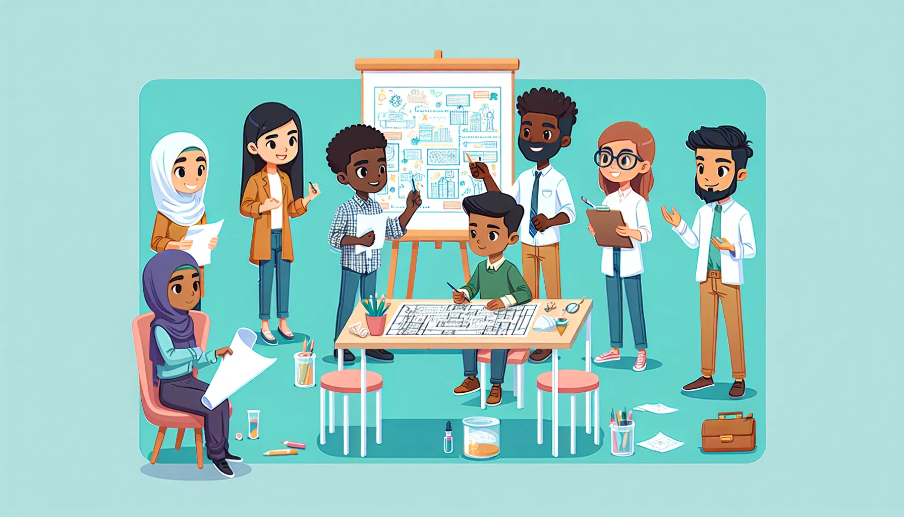 Diverse team of young architects collaboratively discussing blueprints and designs in a lively workshop setting