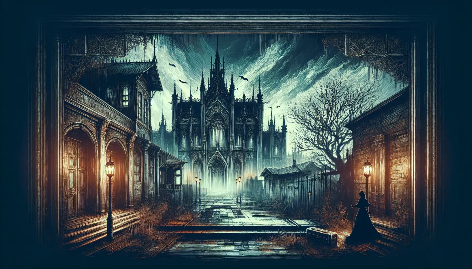 A lone figure contemplates a hauntingly beautiful cathedral under a night sky, bathed in the ethereal light of ghostly branches.