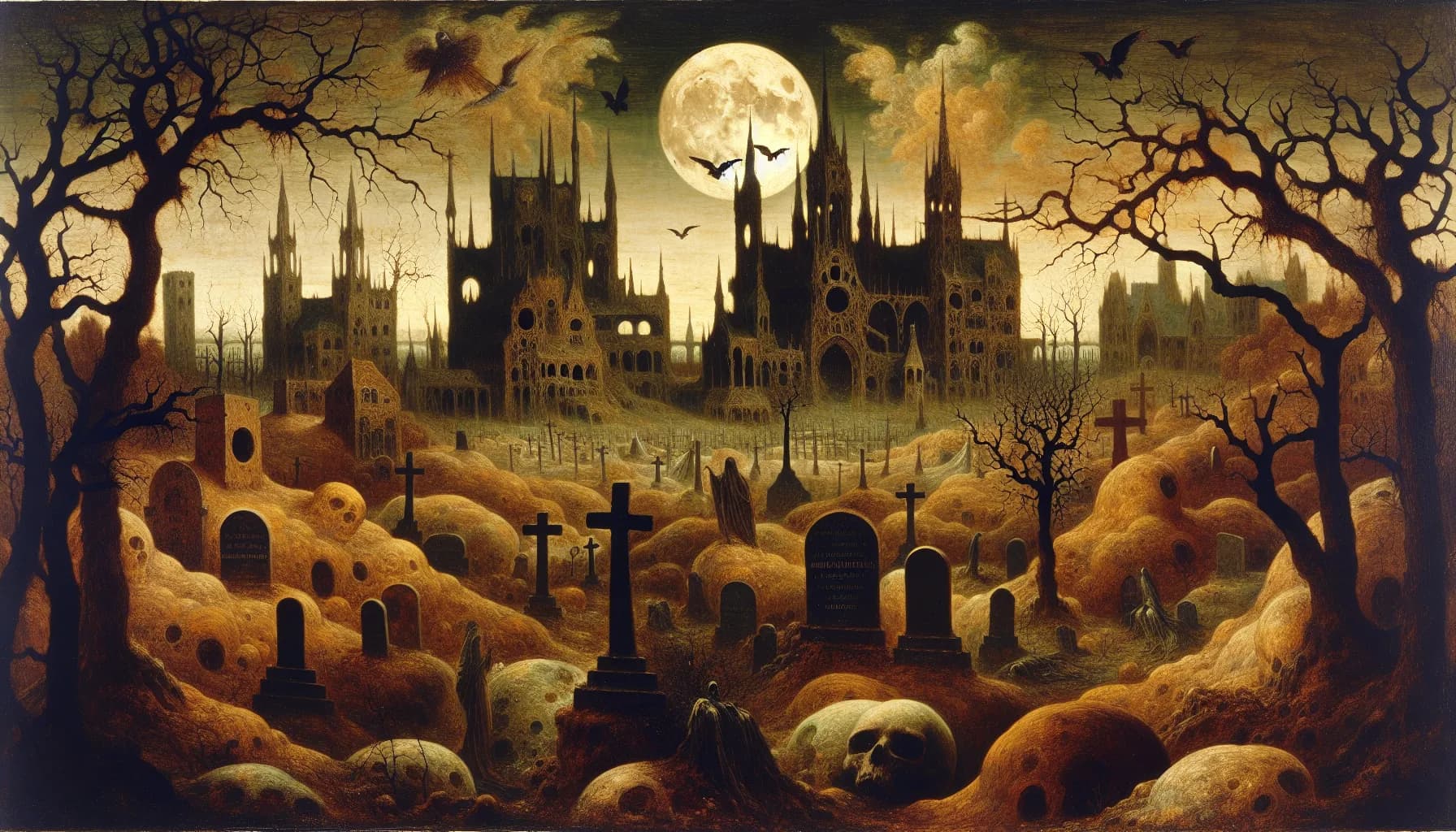 A haunting moonlit cemetery with eerie castles looms under a ghostly sky, where shadows whisper ancient tales.