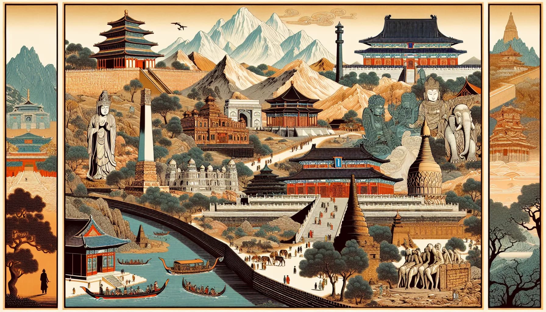 A panoramic view of an ancient Asian landscape, showcasing traditional architecture, majestic mountains, and tranquil river life