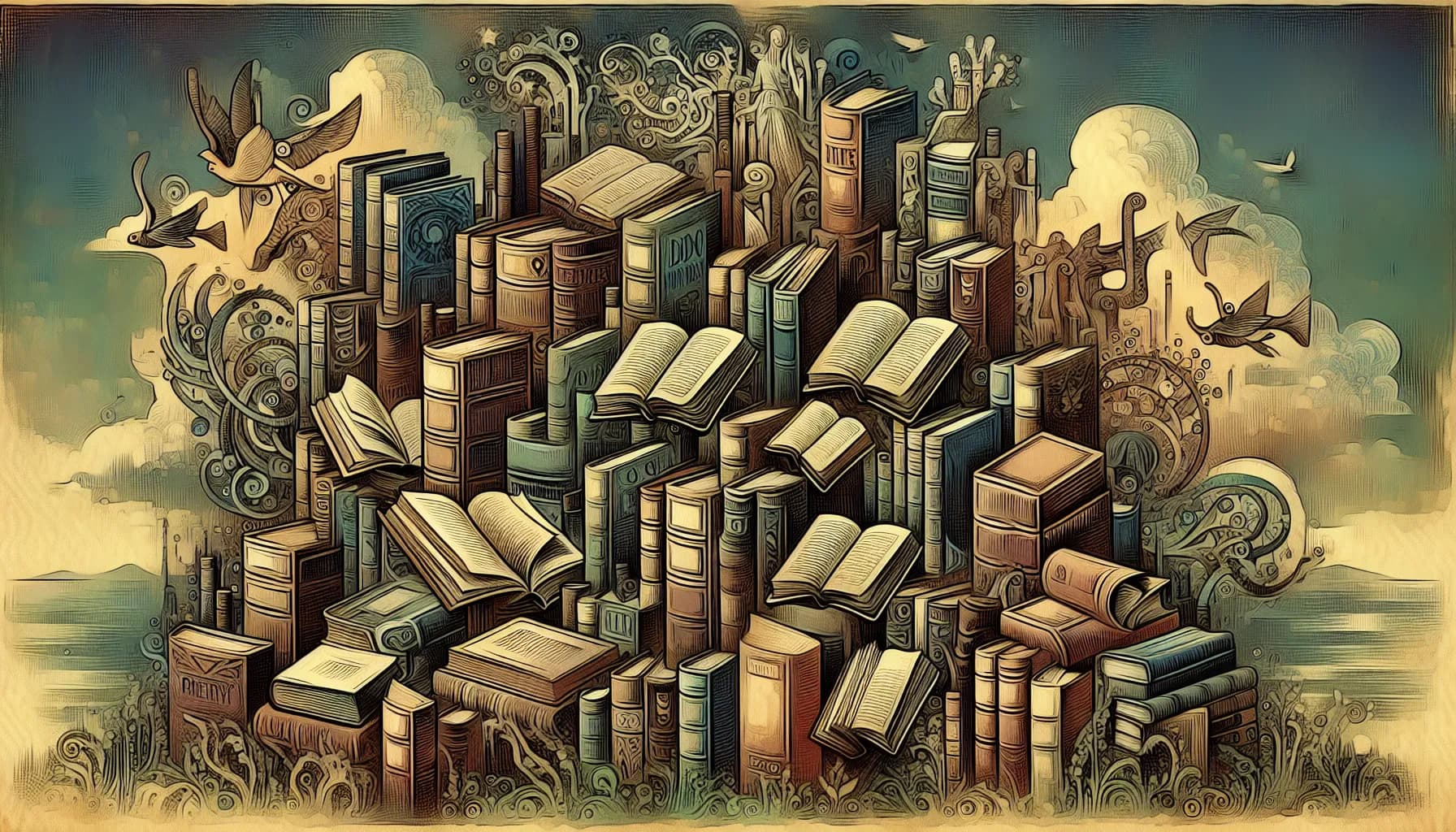 A fantastical collage of books building cities, with elements of nature and vintage artifacts weaving through the narrative of knowledge and exploration