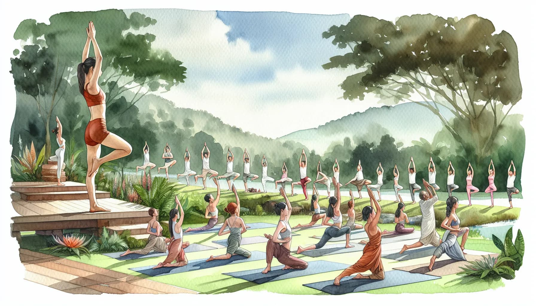 An outdoor yoga session in a serene park setting, with practitioners in synchronized poses guided by an instructor on a raised platform