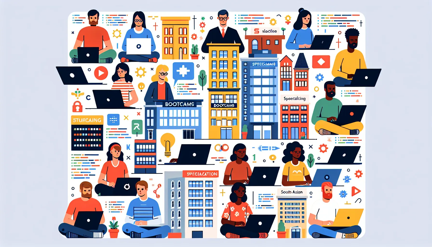 A vibrant illustration of diverse professionals engaged in remote work, showcasing a seamless blend of technology and collaboration in a virtual office environment.
