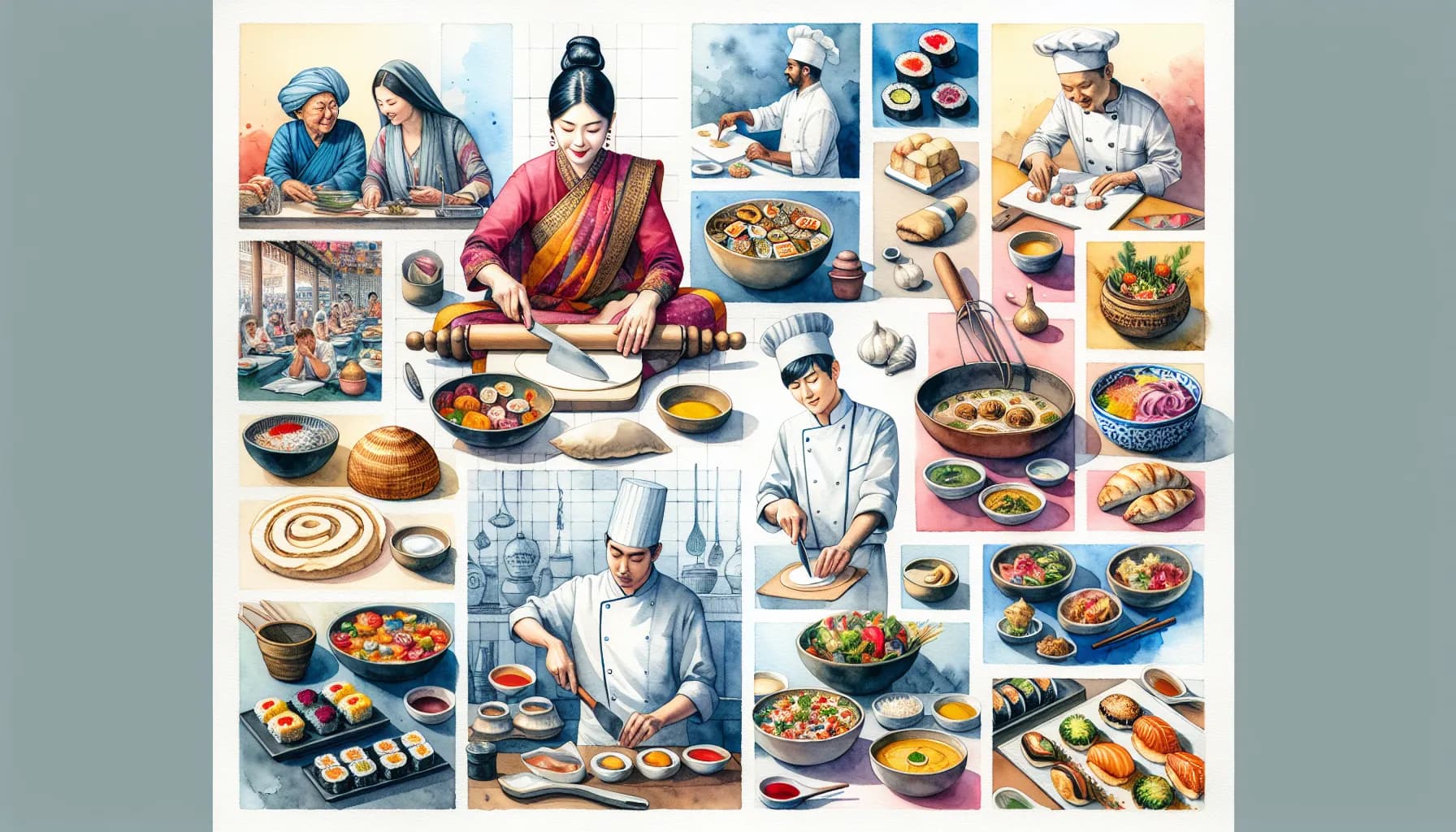 A vibrant collage showcasing the rich diversity of traditional cooking methods and an array of delicious dishes from various cultures