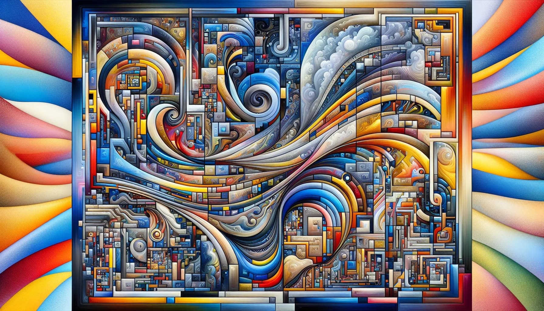 A vibrant tapestry of intertwining ribbons and mechanical elements, dancing boldly across a multicolored canvas.