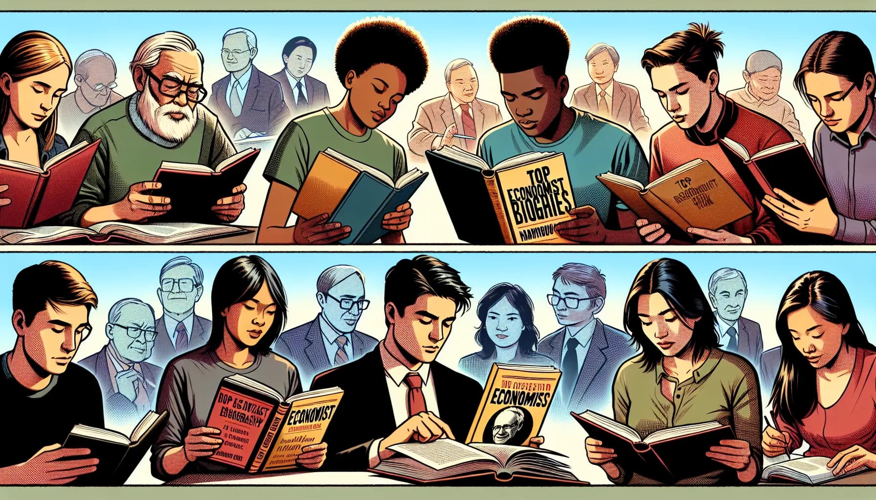 Diverse group of people engrossed in the world of books across different settings