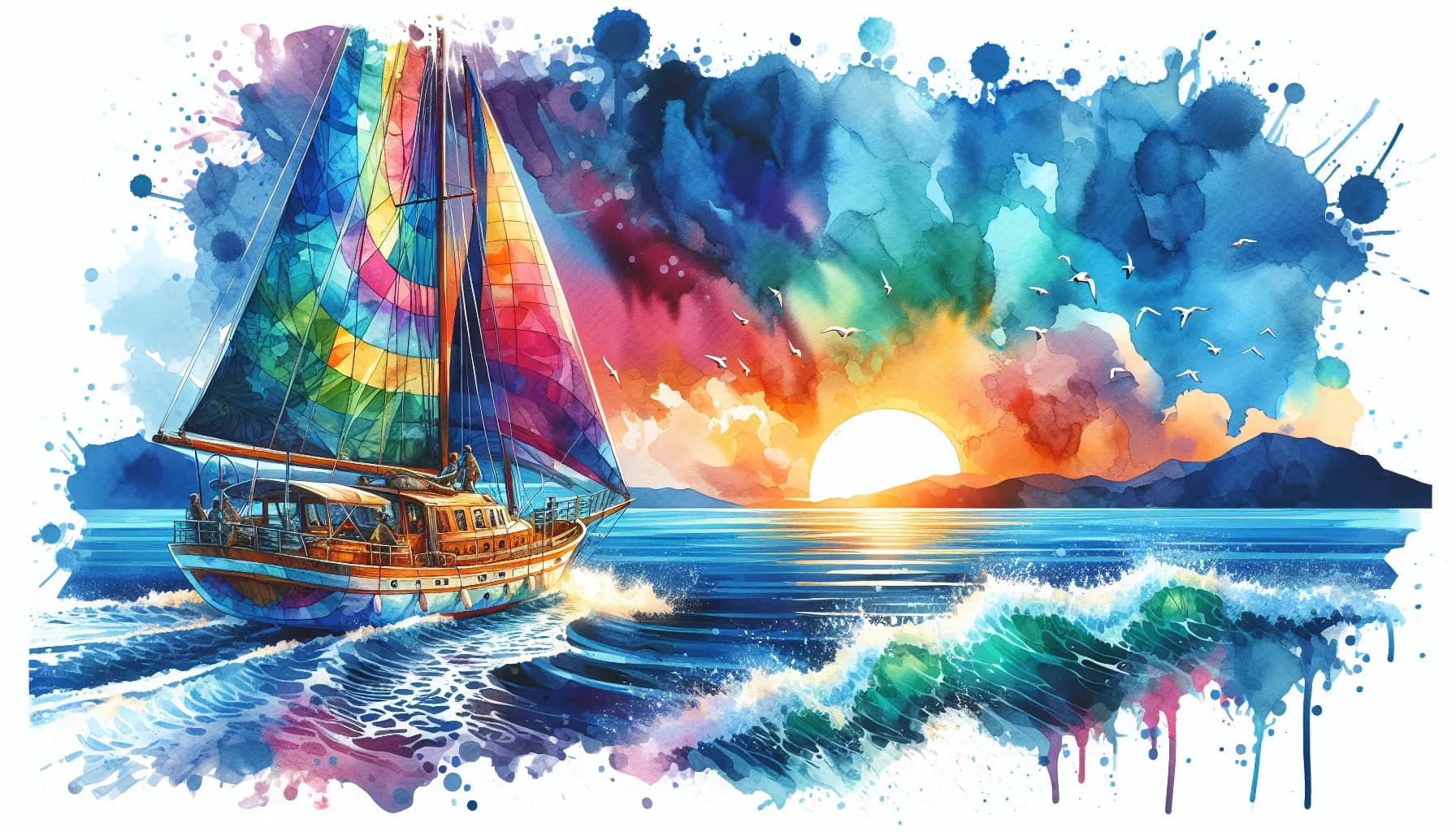 A vibrant watercolor sailboat gliding across a sunset-kissed ocean