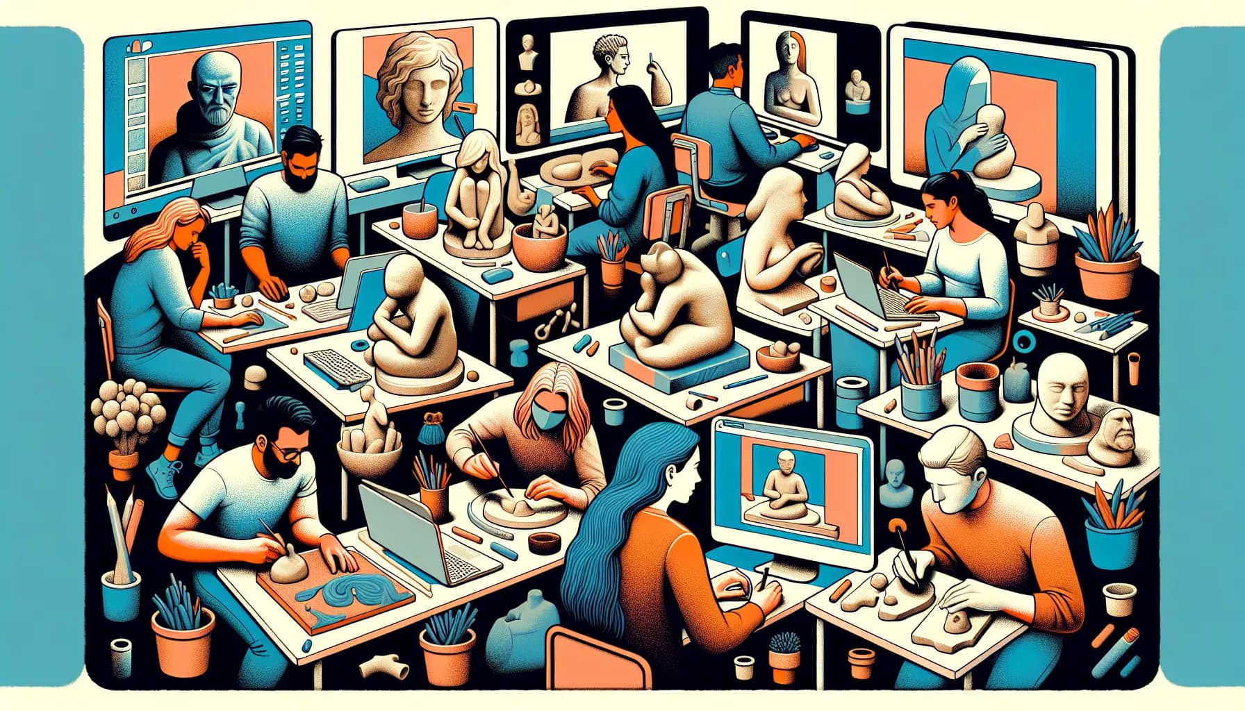 Artists across different eras and mediums collaborate in a timeless workshop