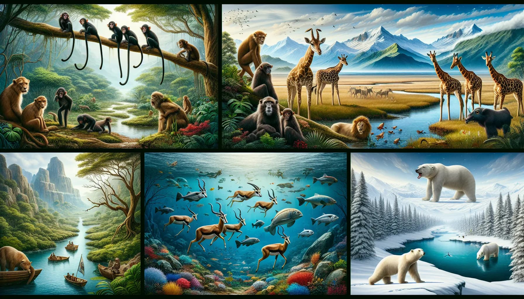 A vivid tapestry of wildlife across diverse habitats, from lush jungles and serene lakes to icy realms underwater and beyond