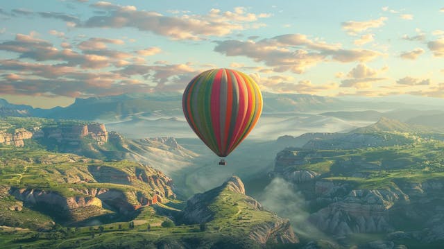 Colorful hot air balloon floating over a breathtaking mountainous landscape at sunset.