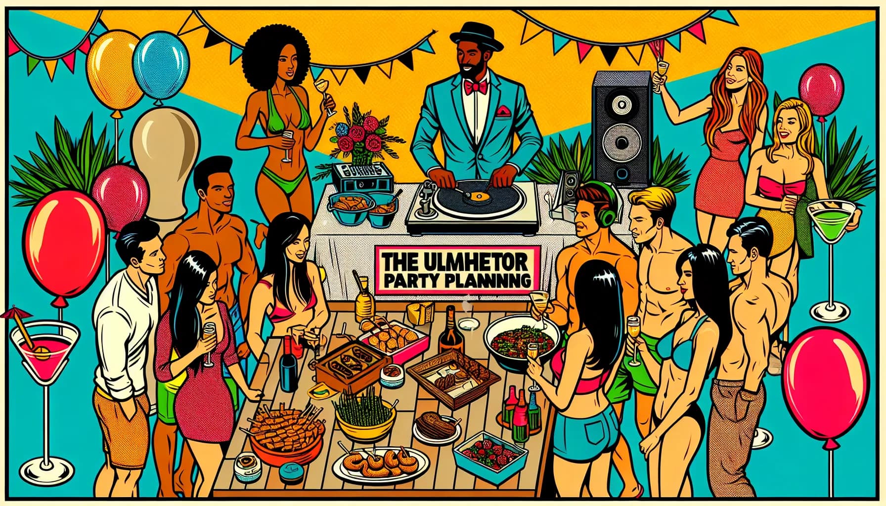 Colorful pool party in full swing with DJ spinning records and guests enjoying food and drinks